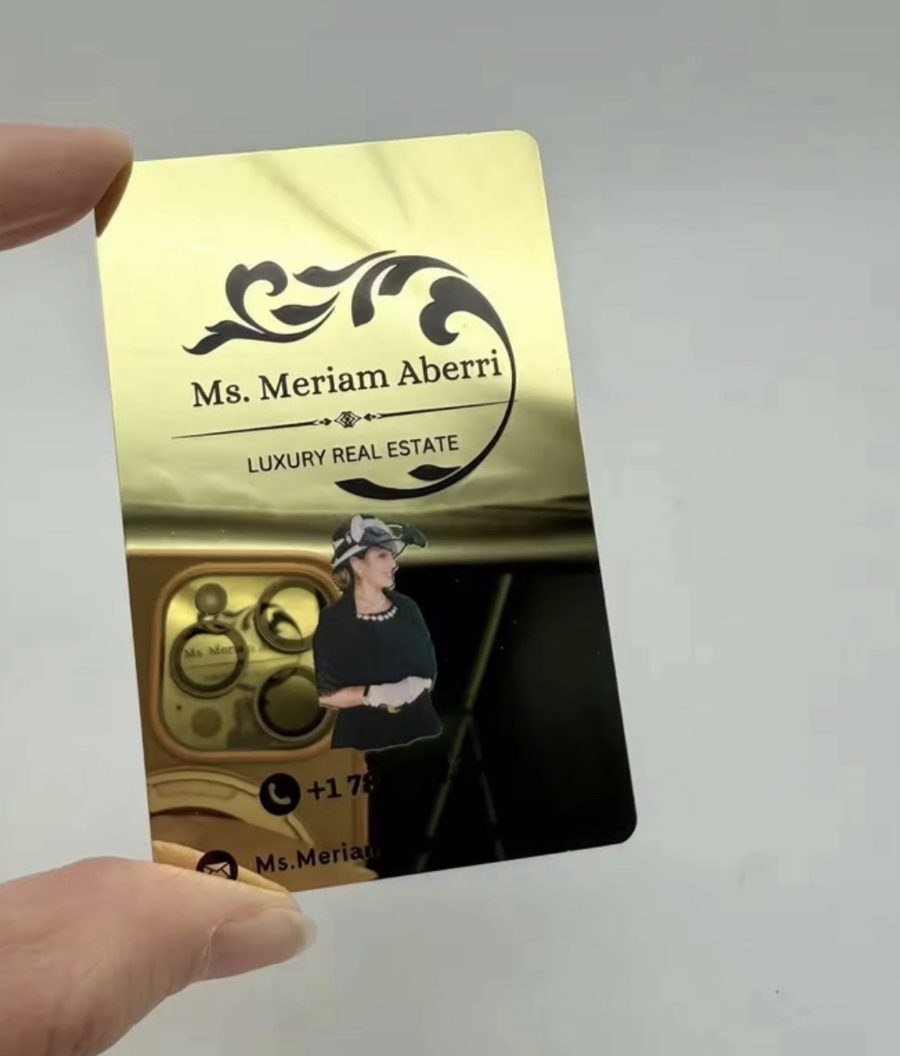 Mirror gold card with ornamental flourish and portrait